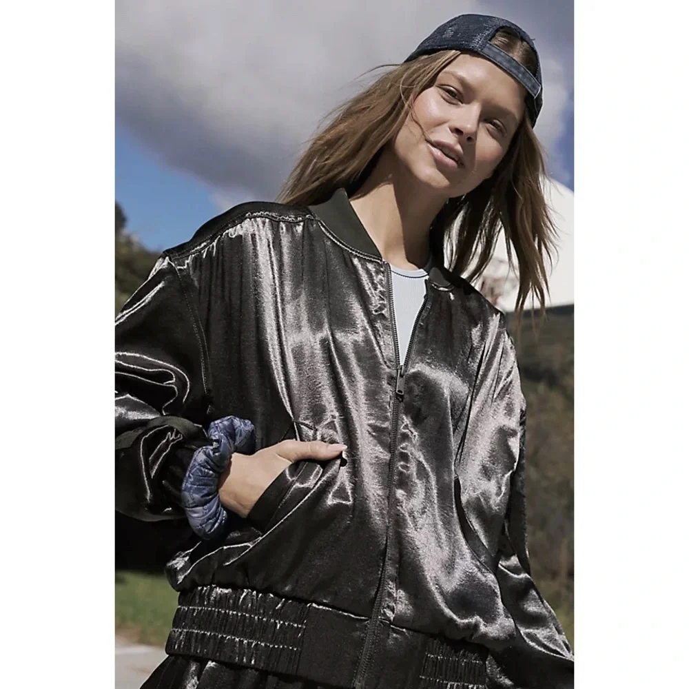 New Free People Movement Relay Zip-Up Olive Satin Bomber Jacket Size M
